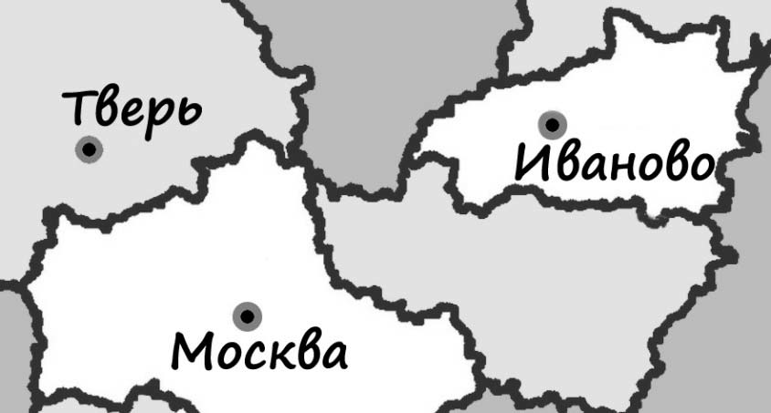 На рисунке изображена часть европейской части россии. На рисунке изображён фрагмент карты европейской части. На рисунке изображен фрагмент карты европейской части России. На отсунке изображен фрагмент карты европецскоц части Росси. Карта России между Москвой и Рязанью.